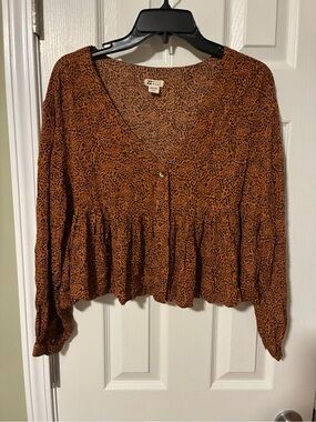 Billabong Rust Brown Animal-Print V-Neck Peplum Blouse